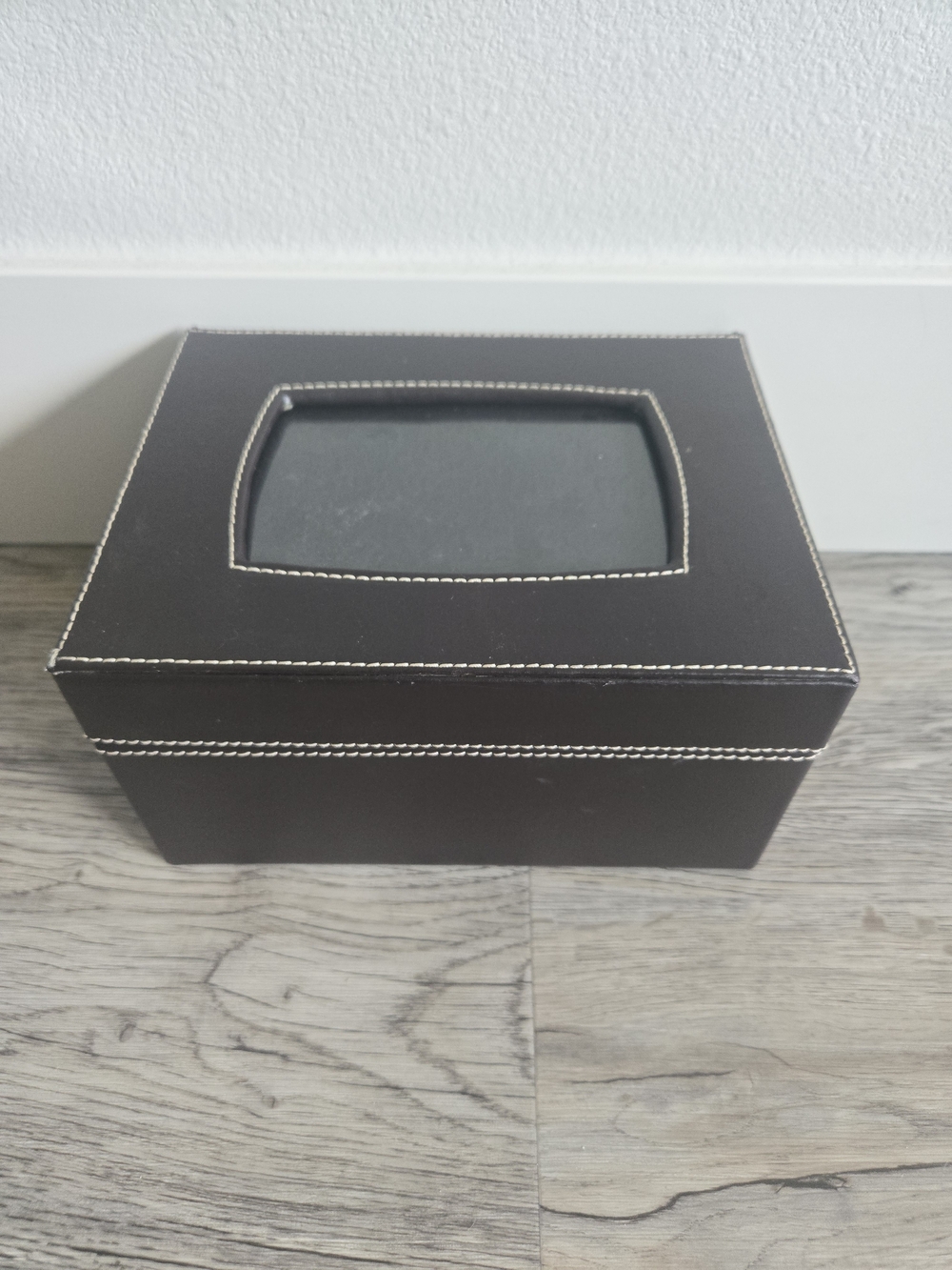 Briwn Leather Photo Storage Box with White Stitching